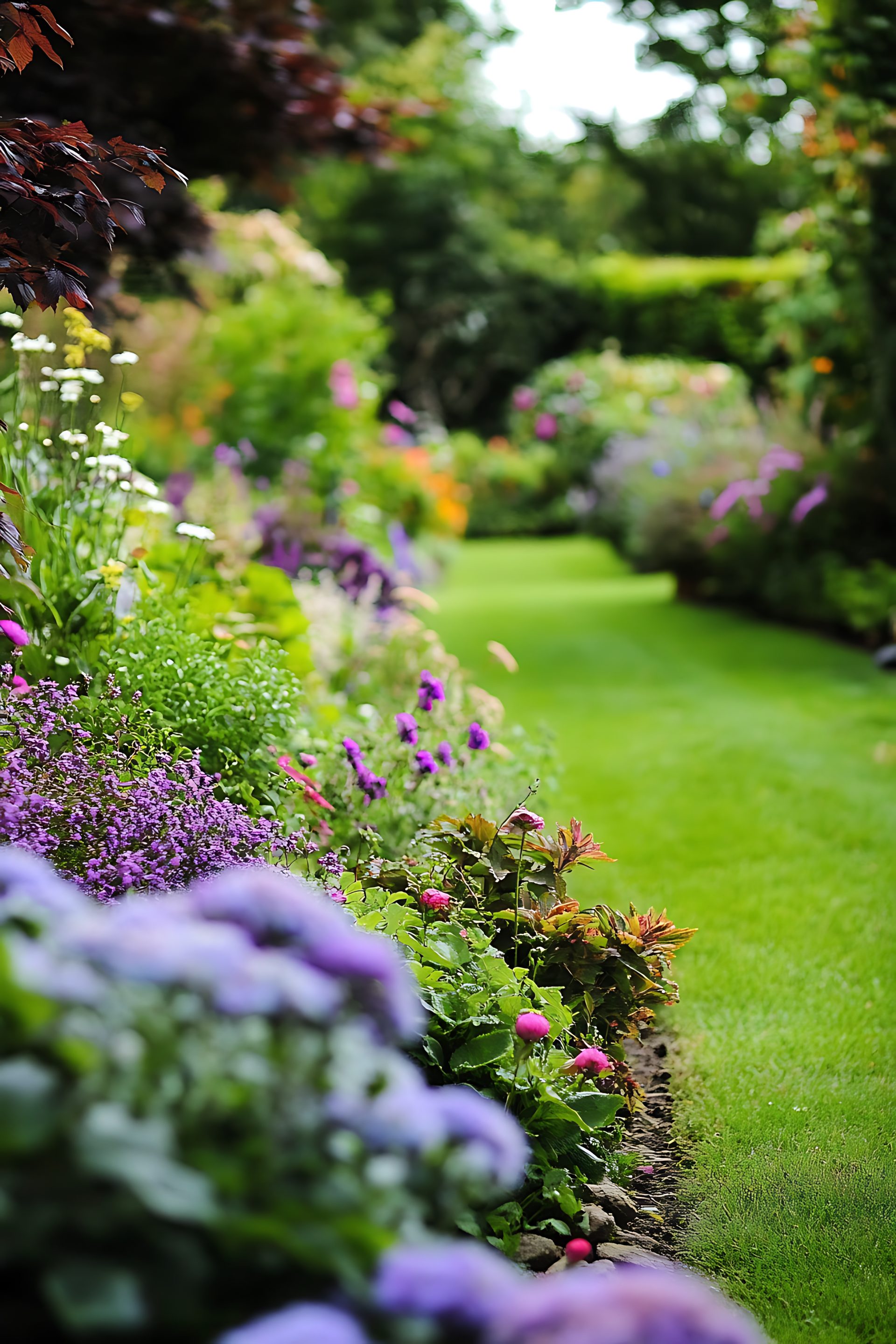 There is green lawn with flower garden green lawn